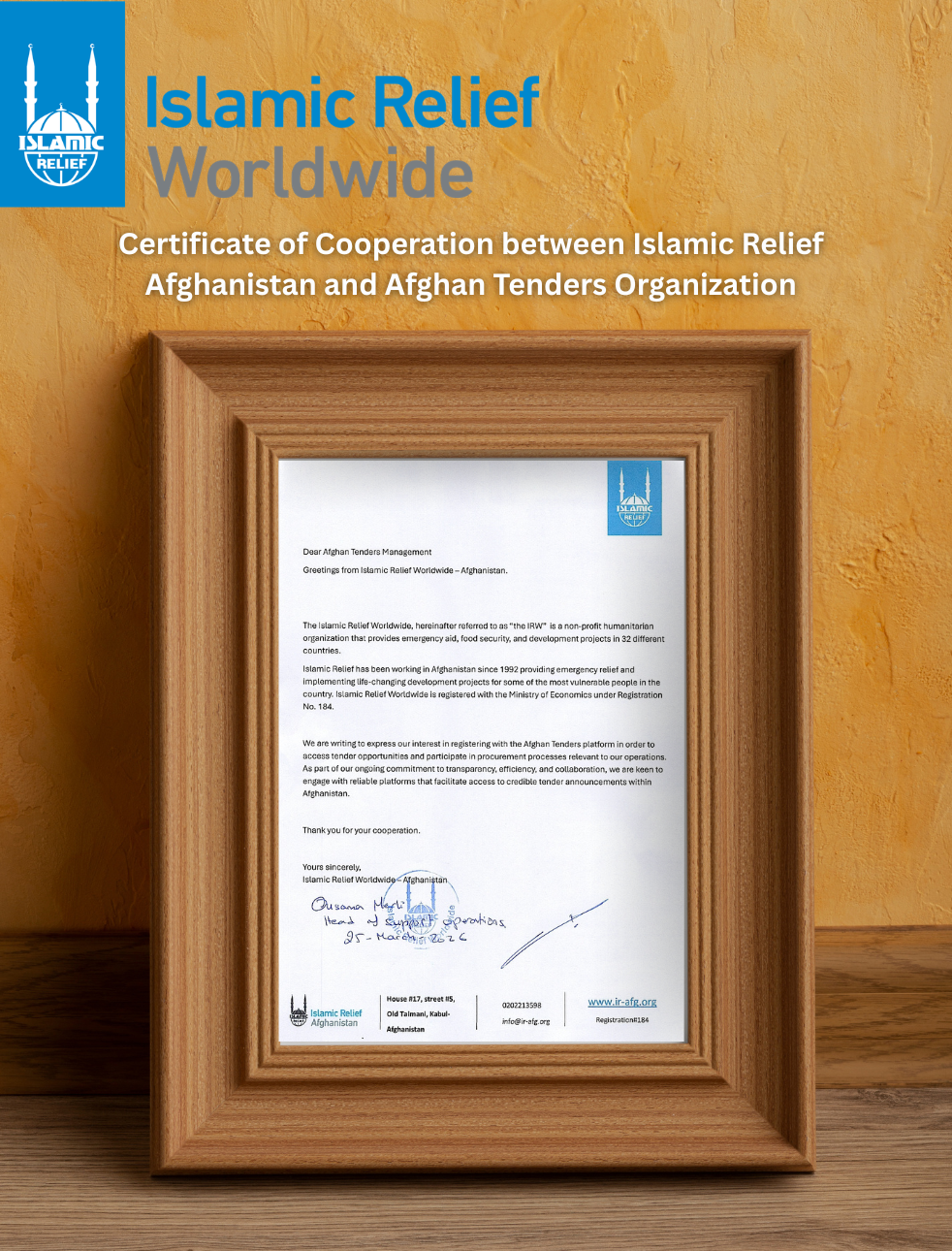 Islamic Relief Afghanistan Certificate of Cooperation